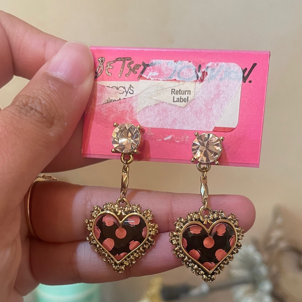 Betsey Johnson Gold and Pink Polka Dot Heart Earrings